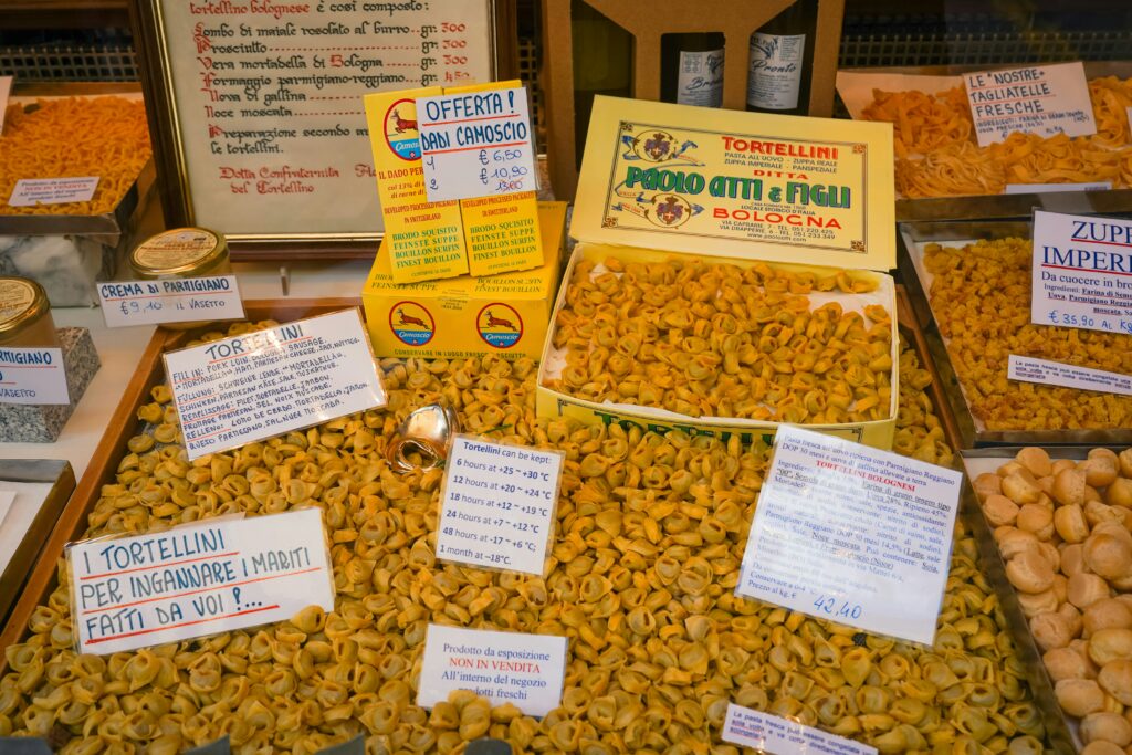 Tortellini pasta display in Bologna, Italy, a foodie destination