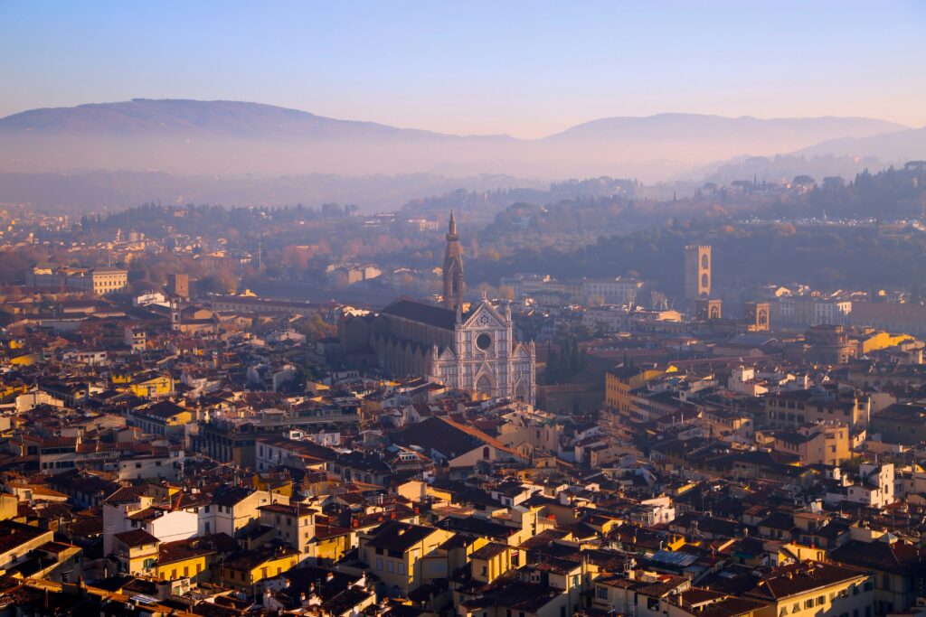 Florence skyline in Tuscany, Italy with historic buildings and rolling hills