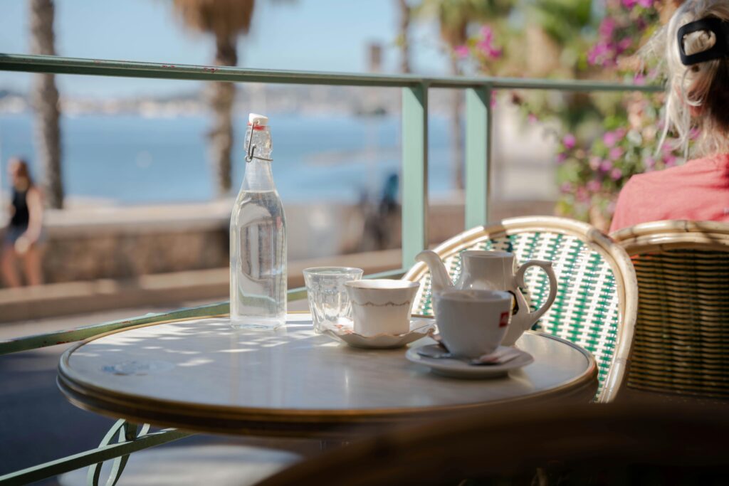 Slow morning coffee at a seaside café table in Toulon France on the Mediterranean