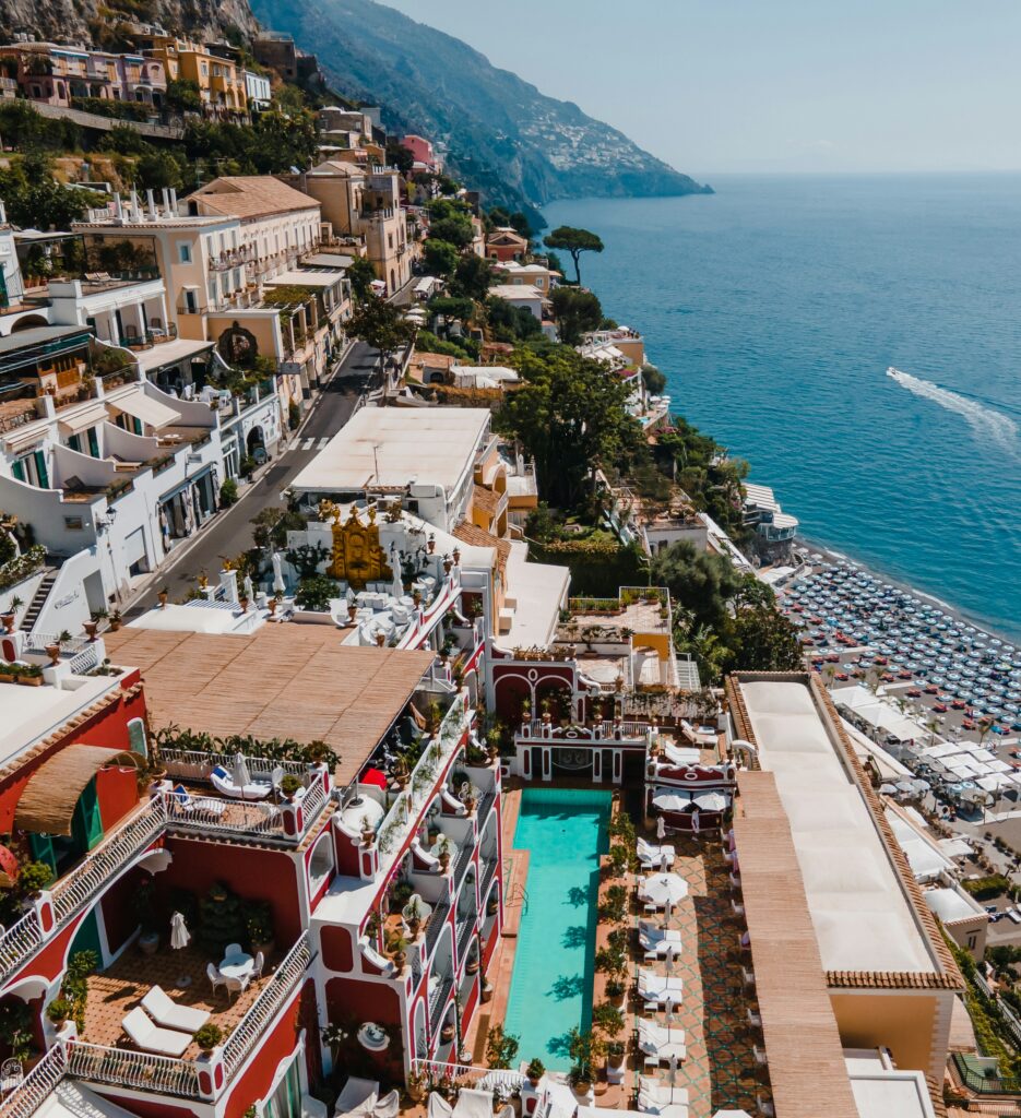 Hotels and steep hillside streets overlooking the Amalfi Coast in Positano, Italy