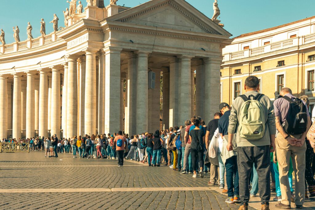 Long entry line outside the Vatican in Rome, where timed entry tickets are often required in advance.